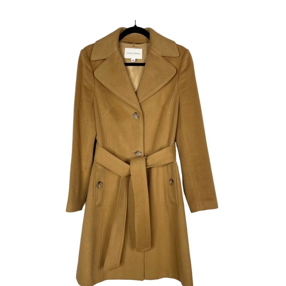 Banana Republic Womens Medium M Camel Wool Blend Tie Waist Peacoat Jacket Coat